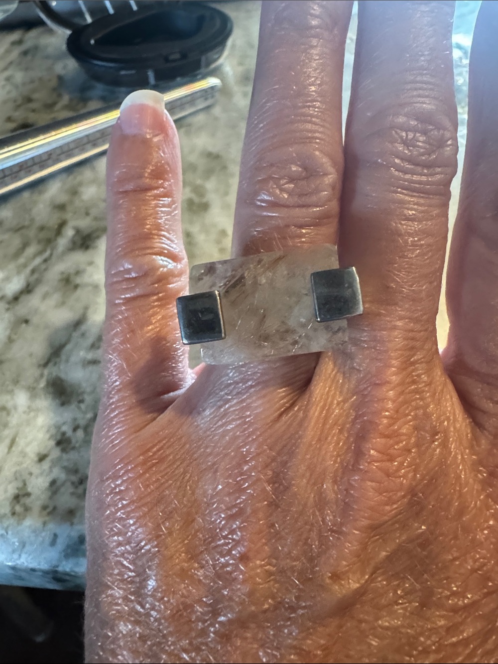 Clear Quartz Rectangular Statement Ring in Silver Tone - Women Jewelry